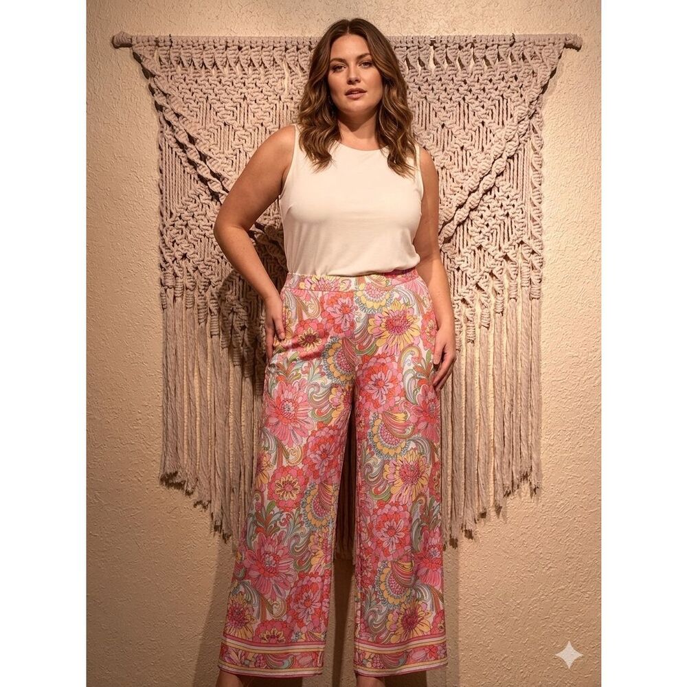 The Boston Proper Wide Leg Resort Palazzo Pants Pink Mod 60s Flowers Summer Size